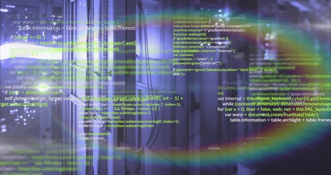 As bits drifting past server racks activating code overlays, pulsing lens flare showing data flow