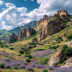 Naklejka premium Sunlit mountain valley with purple wildflowers