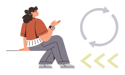 Woman sitting and gesturing with hand beside circular arrows and directional shapes. Ideal for brainstorming, workflow, creative process, problem-solving, productivity, innovation, simple flat