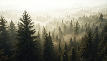 Obraz premium Misty Morning Light Filtering Through Evergreen Trees in a Dense Forest, Creating an Atmospheric and Serene Natural Landscape