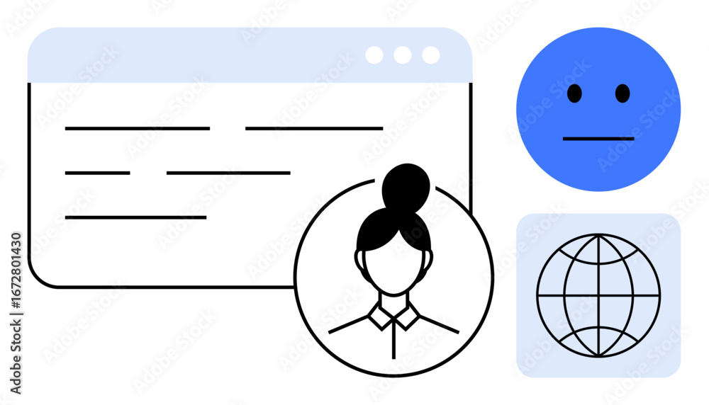 Poster web window with text lines, silhouette of a user, blue emotion face, and globe icon. ideal for conne