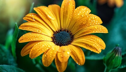 a close up photo of a vibrant yellow african daisy with glistening water droplets and emerald green leaves