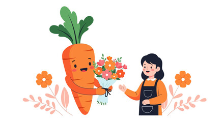 Fototapeta premium Cute Animated Carrot Offers Flowers To a Smiling Woman In A Lovely Illustration