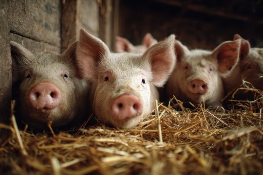 Sows roaming freely on straw in a barn