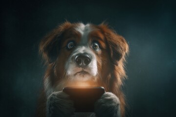 Naklejka premium Adorable dog clutches phone in nighttime adventure. Phone night. Technology once meant freedom; now it quietly enforces invisible control. Ai and human rights. Tech freedom dilemma.