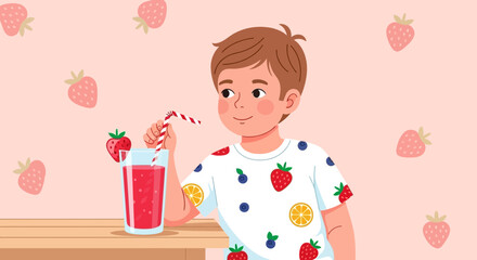Delighted Child Enjoying a Refreshing Strawberry Drink with Delightful Background Imagery