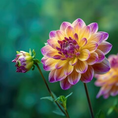 Close-up of a vibrant dahlia in full bloom with a bud