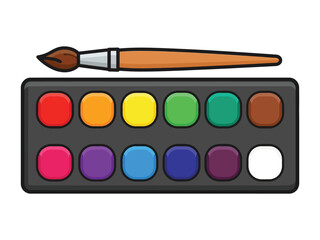 Palette of Colors: A vibrant collection of watercolors awaits creation, a palette of colorful possibilities, accompanied by an artistic paintbrush, symbolizing creative potential.