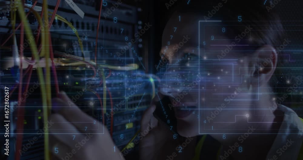 Aufkleber it technician calling and adjusting red cable plug while monitoring data overlay for diagnostics