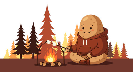 Fototapeta premium Cute Spud Enjoying Camping With Marshmallows Over A Campfire In A Forest Scene