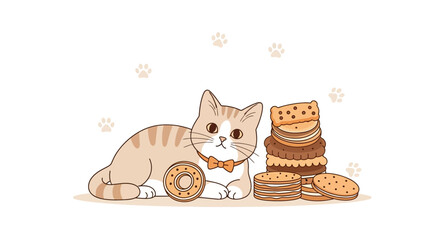 Cute Tabby Cat With A Bowtie And Cookies Arrangement On A White Background