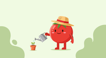 Cute Tomato Character Gardening And Watering A Small Plant In Cartoon Illustration Style