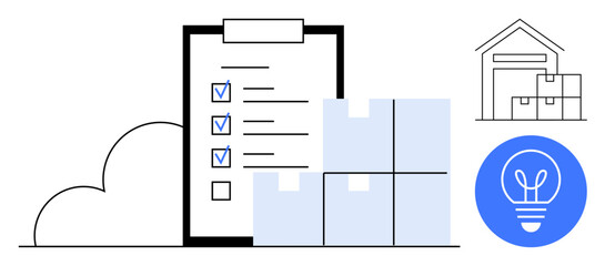 Checklist with marked tasks, stacked boxes, cloud, warehouse outline, and lightbulb. Ideal for logistics, supply chain, inventory tracking, warehousing business planning productivity simple