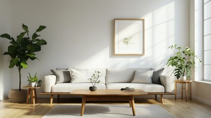 Modern, bright living room showcasing natural elements.