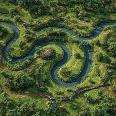 Fototapeta premium Aerial view of a lush landscape with winding waterways