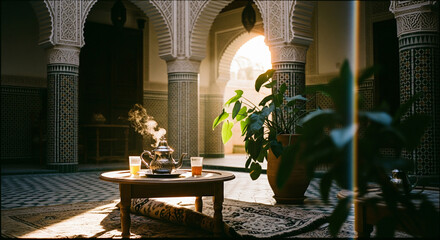 Moroccan courtyard morning tea with warm sunlight and silver teapot