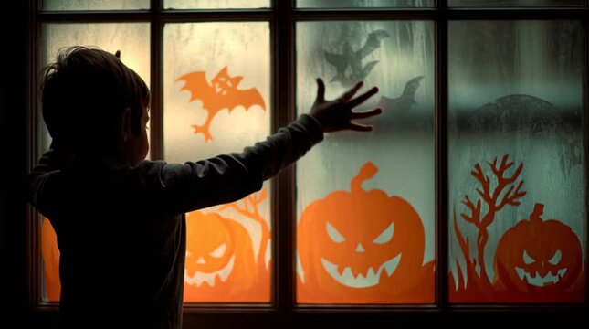 A child decorating a window with halloween themed stickers of bats and pumpkins in a dimly lit room