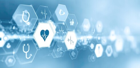 Abstract medical technology interface. Hexagon icons of medical symbols float in a light blue background with subtle digital light trails