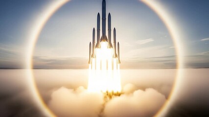Spectacular rocket launch sequence above clouds, creating mesmerizing visual of innovation and