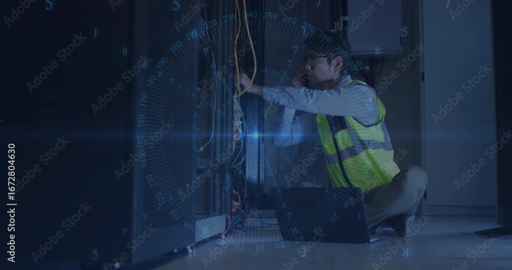 Poster data center tech inspecting cables with laptop then making smartphone call and monitoring system