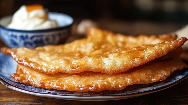 Golden fried chebureki on blue patterned plate with cream on side. Showcase delicious national cuisine, perfect for food blog or restaurant.