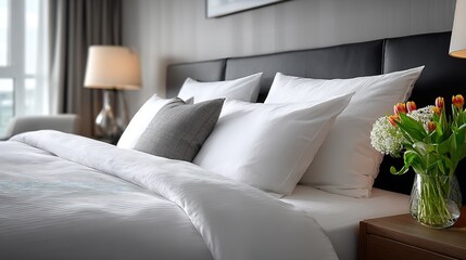 Hotel Bed Interior. White Sheet and Pillow. Clean and Comfortable Room Setting.