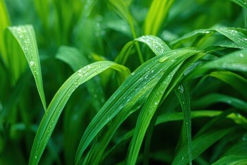 Fototapeta premium Tightly packed lush green grass with elongated succulent blades