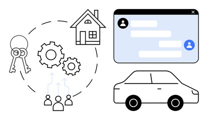 Keys, house, car, people, gears, and chat screen symbolizing processes, teamwork, integration and ownership. Ideal for property management car rental collaboration workflow communication
