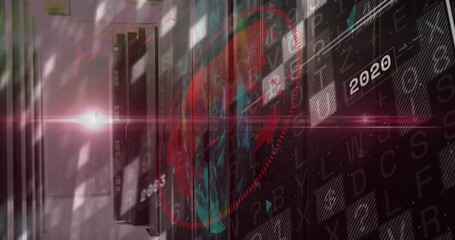 Faint red glow starting 3D globe emerging above rack, scanline sweeping years showing tech progress