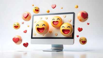A modern computer screen displays laughing emojis and hearts, with more animated emojis and hearts floating around it, symbolizing social media connection and digital joy.