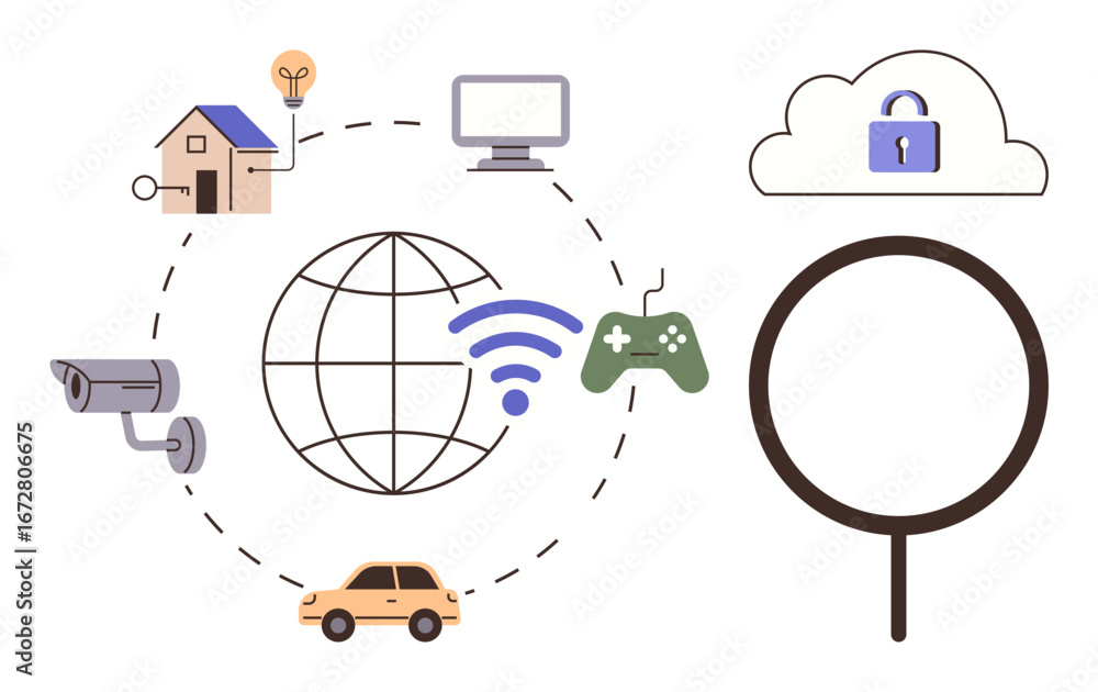 Poster global connectivity with icons of house, light bulb, computer, camera, car, game controller, cloud, 