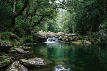 Tiny waterfall on a verdant river flanked by woods