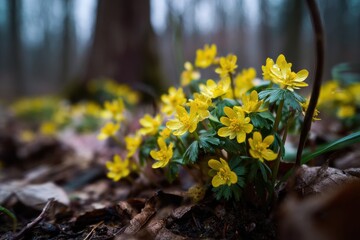 Obraz premium Tiny yellow blooms appear in the forest during spring