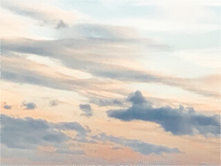 Color halftone texture of evening sky with clouds. Abstract cloud pattern vector dotted pixel texture background with copy space.	