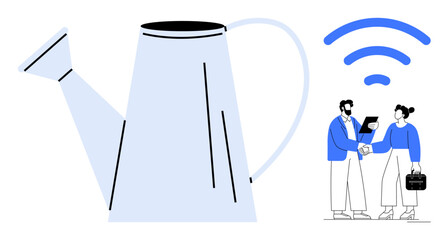 Watering can symbolizing growth, handshake displaying teamwork, laptop indicating digital tools, and wireless for connectivity. Ideal for innovation, networking, business growth, technology