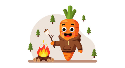 Naklejka premium Enchanting Carrot Character at Campfire Roasting Marshmallow Amidst Forest Scenery