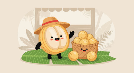 Naklejka premium Enchanting Illustration of Longan Characters Marketing Fresh Tropical Fruits with Charm
