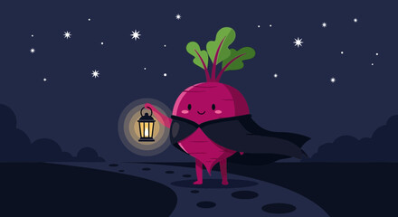 Fototapeta premium Enchanting Red Beetroot Character Illuminated Through Night with Starlight Pathway Adventure