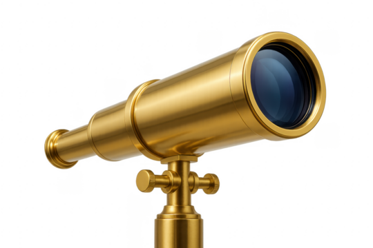 Golden telescope pointing upward on transparent background