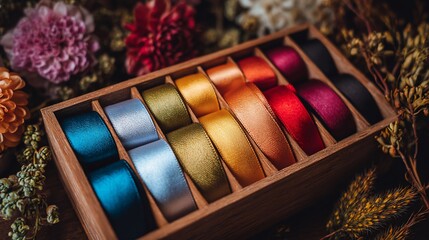 Ribbons arrayed in box, surrounded by various flowers, vibrant colors