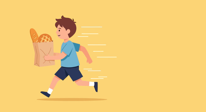 Energetic Young Lad Hastily Delivering Bread, Symbolizing Fast Food Procurement and Convenience