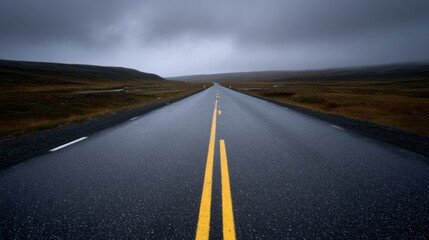 Fototapeta premium Moody overcast sky over an expansive empty roadway with atmospheric depth. 