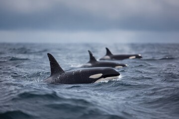 Naklejka premium Female orcas breaching in the sea near Andenes Norway captured in bright cloudy conditions