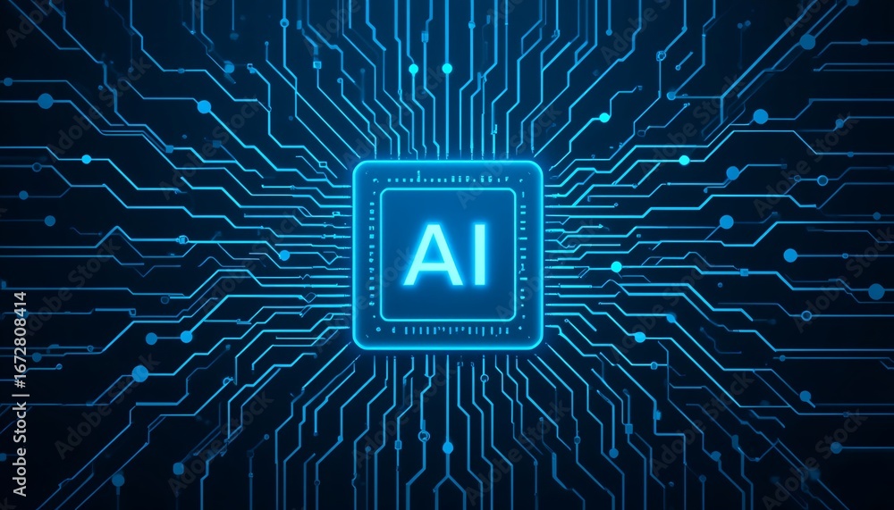 Poster a futuristic ai symbol glows amidst a network of interconnected blue electronic circuits and paths.