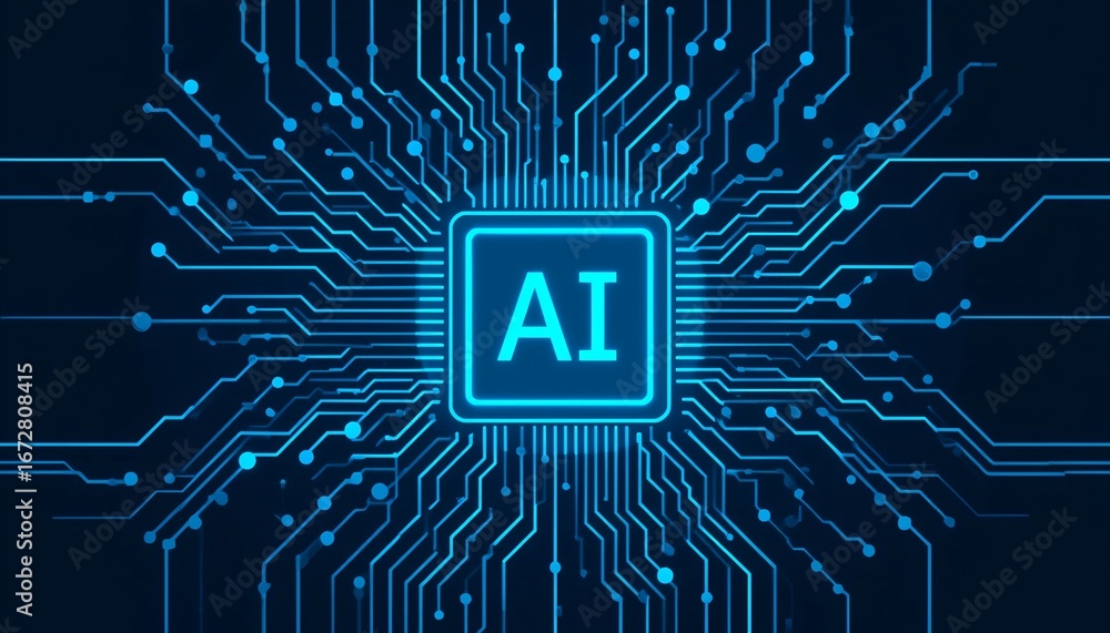 Aufkleber an artificial intelligence chip is depicted with interconnecting data pathways in blue tones.
