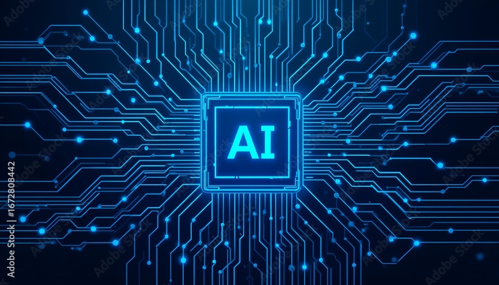 Poster futuristic ai processor circuit board with glowing blue lines creates digital connection.