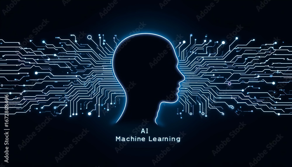 Poster abstract human profile with glowing circuit board design showcases artificial intelligence concept.