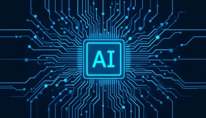 An artificial intelligence chip is depicted with interconnecting data pathways in blue tones.