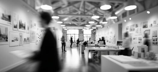 Black and white photo of a contemporary architecture office, showing people moving and working with architectural drawings.