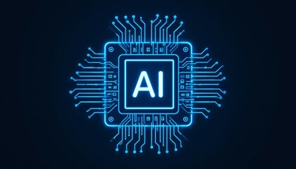 Glowing AI chip with circuit board design evokes futuristic technology and connectivity powerfully.